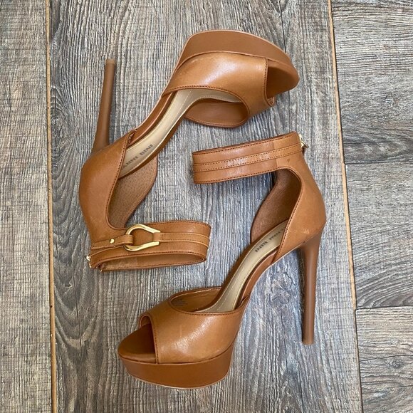 Gianni Bini Leather Ankle Strap Heel Size 6.5 Brown 5 in Zip Back Platform - Picture 9 of 16